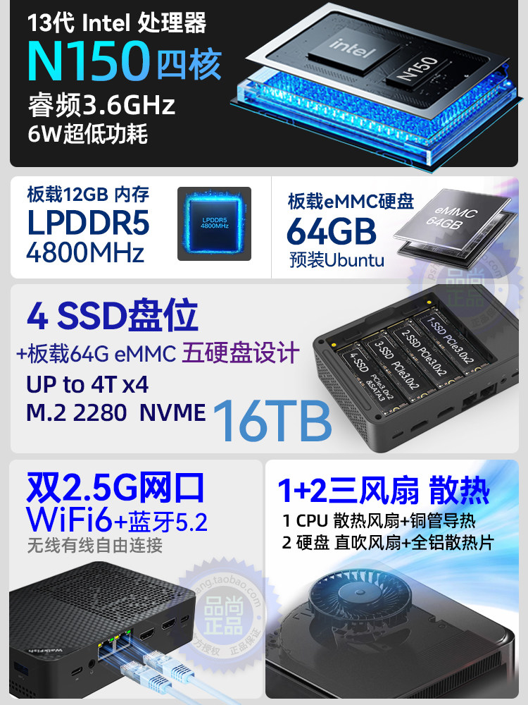 13Th Generation N150 Mini Host Nas Soft Router Win11 Office Gaming Dual 2.5g Four-Bay Minipc Computer