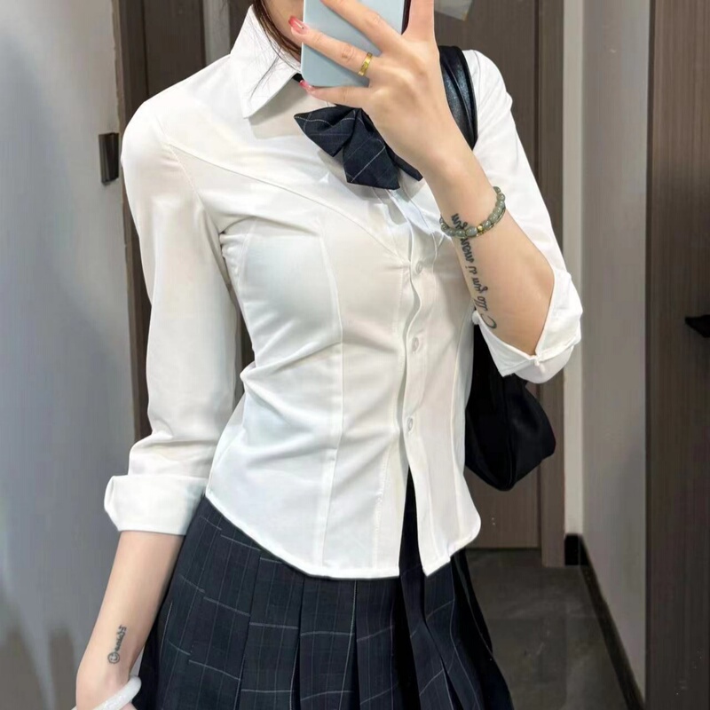 Miao's Original Waist-Cinching Shirt Top, V-Neck, Pure and Alluring, Slim-Fit, Preppy Style, Jk Shirt, Spring and Summer, Spicy Girl, Long and Short Sleeves, Jk