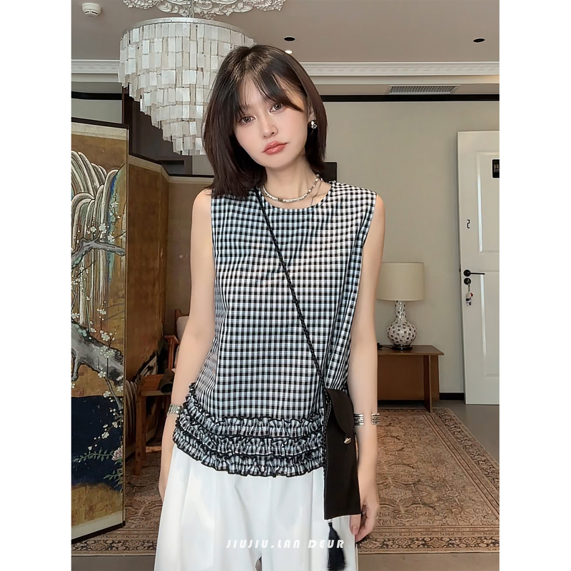 Mama Zai【Peach Knows Summer】Korean Retro Plaid Slimming Versatile Sleeveless Vest for Women