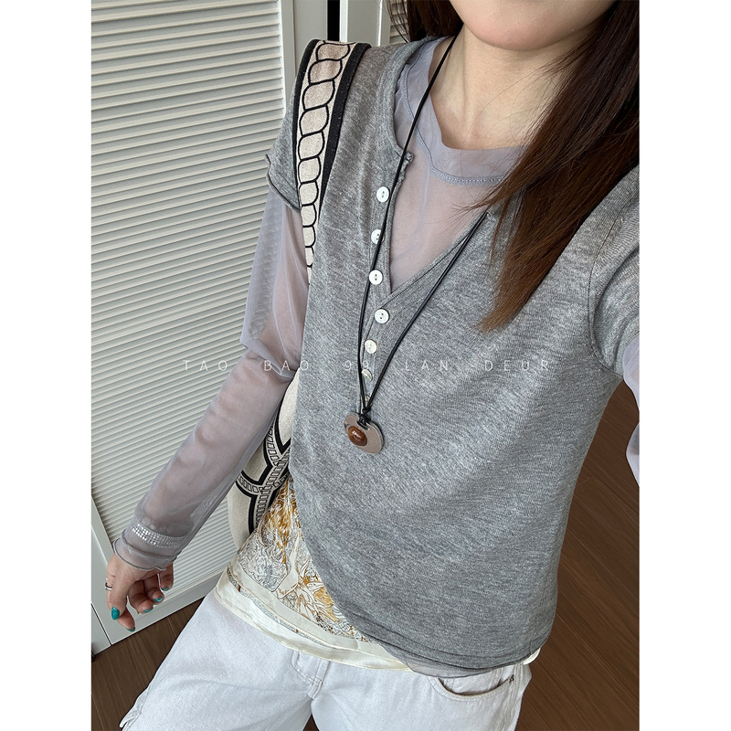 Ma Ma Cai [Street Corner Travel Notes] Korean-Style Versatile Casual Lazy Style Genuine Two-Piece Knit Sweater Top for Women