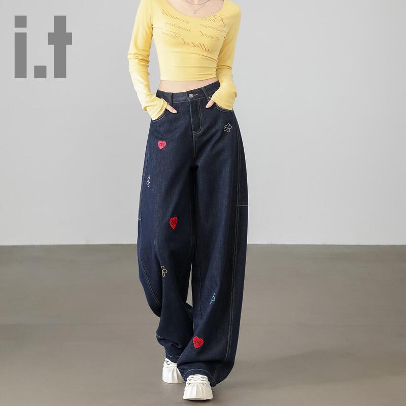 It: Chocoolate Trendy Loose Jeans for Women, Spring Heart Embroidery Straight-Leg Scimitar Pants, Slimming and Casual It: Chocoolate Trendy Loose Jeans for Women, Spring Heart Embroidery Straight-Leg Scimitar Pants, Slimming and Casual