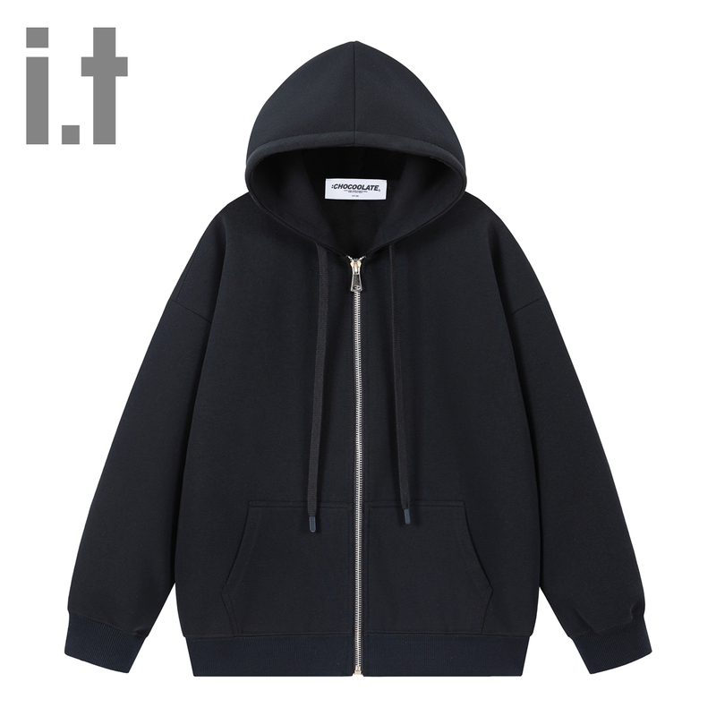 I.T Chocoolate Autumn Trendy Street Style Simple Solid Color Versatile Zip-Up Hooded Cardigan Jacket Sweatshirt for Couples