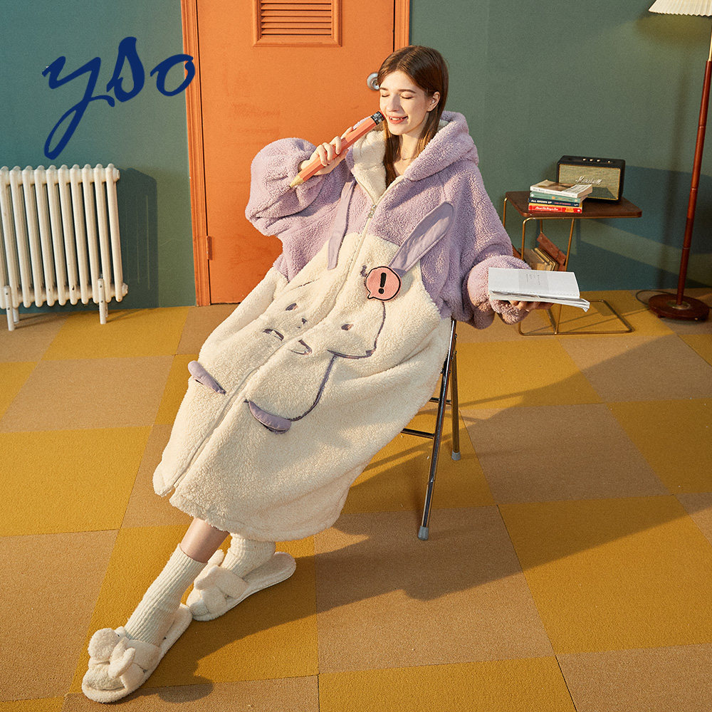 yos pyjamas women's autumn winter coral suede sleeping robes female long version bear cute rabbit thickened sleeping skirt home Sleeping Robe