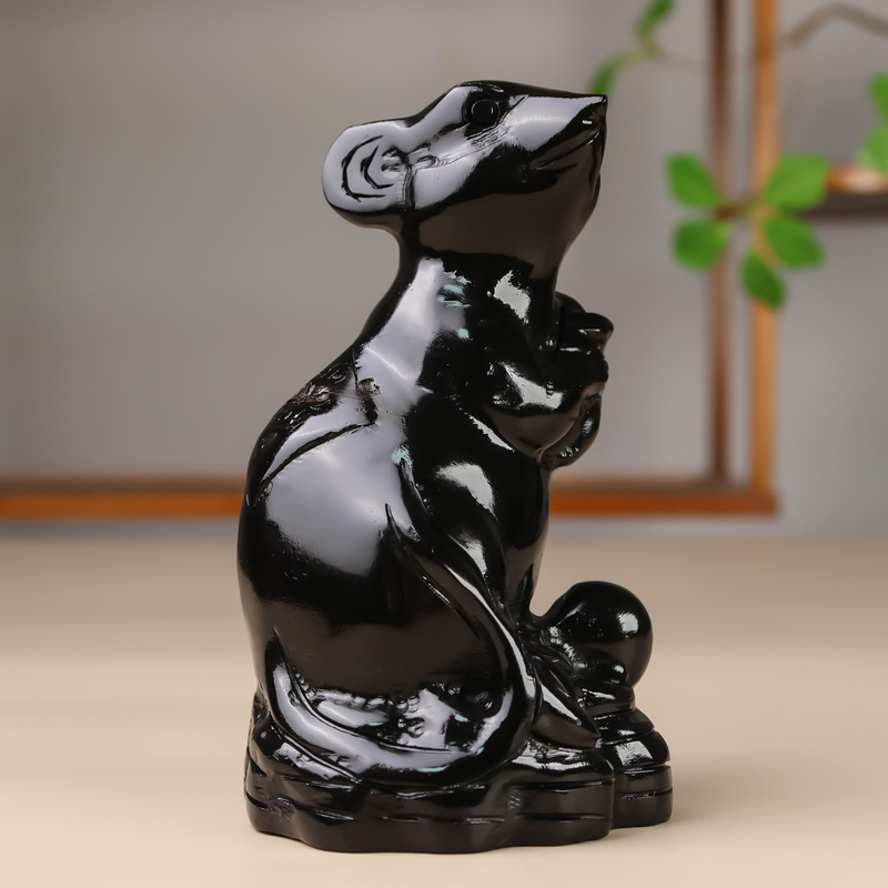 Natural Obsidian-Colored Rat Figurine Carved with the Twelve Zodiac Signs, Black Ink Jade Rat Decoration for Living Room, Office, and Tv Cabinet