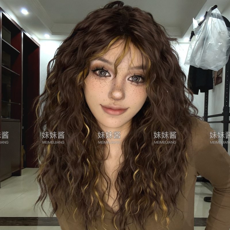 Sister-Style Wig for Women, Wool Curls with Bangs, Long Curly Hair, Linen Brown Egg Roll, Everyday Realistic Human Hair Full Wig