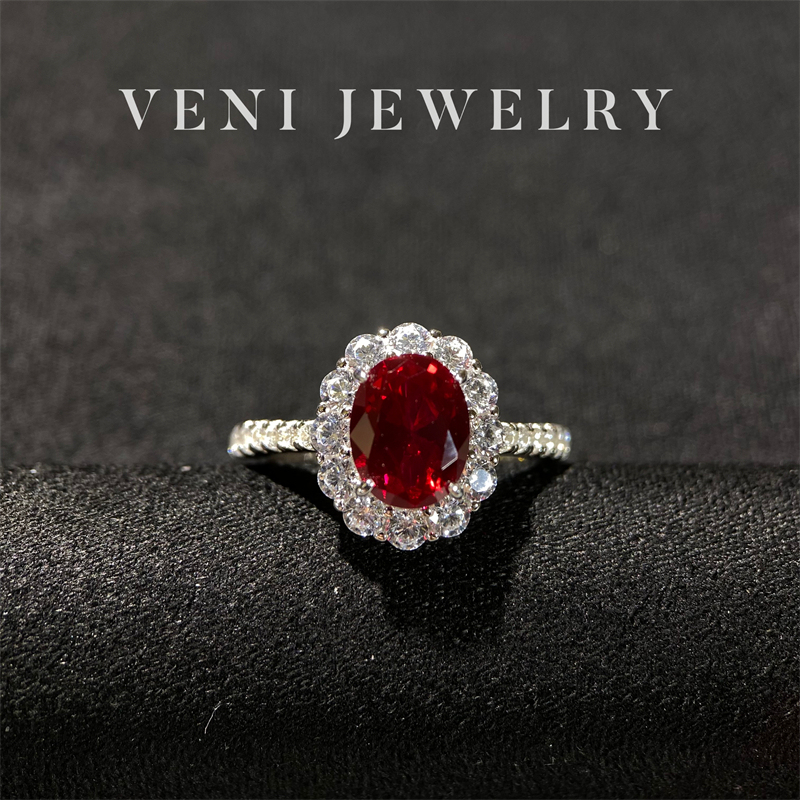 Veni Jewelry Cardamom Rose Cultivated Ruby Ring Classic Princess Diana Style Pigeon Blood Red 2 Carat H72