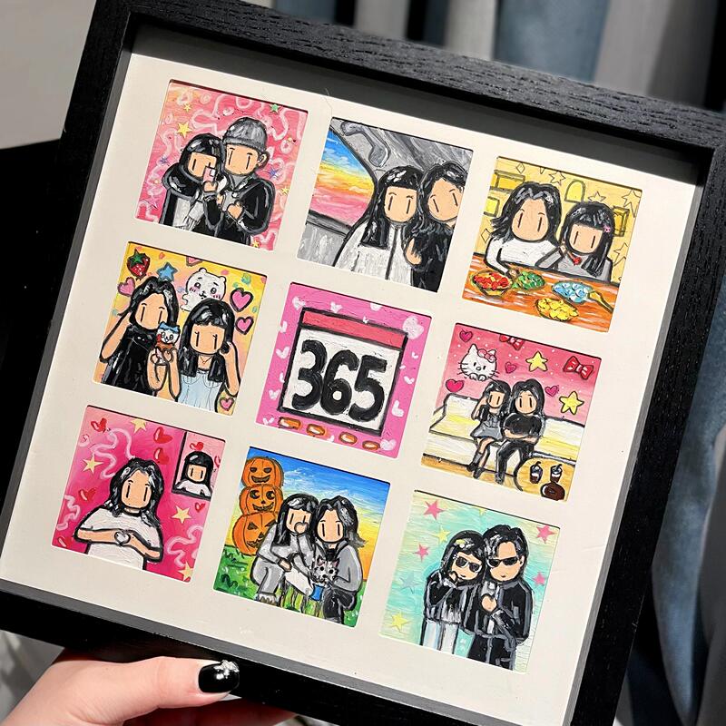 Newmasus Nine-Grid Hand-Painted Cartoon Portrait Photo Frame Couple Gift Commemorative Four-Grid Photo Custom Painting Newmasus Nine-Grid Hand-Painted Cartoon Portrait Photo Frame Couple Gift Commemorative Four-Grid Photo Custom Painting