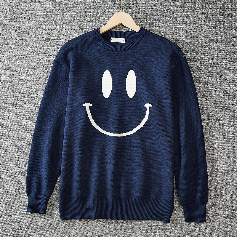 Fun Smiley Face Jacquard! Autumn and Winter Men's and Women's Export Couple Style Fashionable Casual Warm Round Neck Knitwear Sweater Trend
