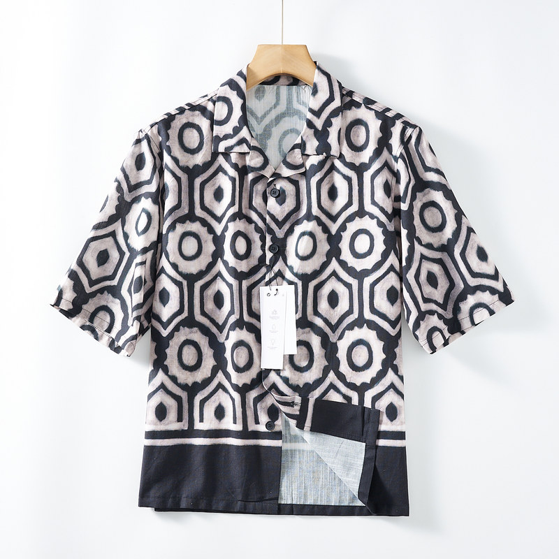Color-Blocking Geometric Print! Spanish Single Product! Men's Summer Loose-Fitting Fashionable Bowling Collar Shirt Color-Blocking Geometric Print! Spanish Single Product! Men's Summer Loose-Fitting Fashionable Bowling Collar Shirt