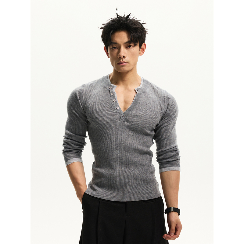 Dayny Slim-Fit Ribbed Faux Two-Piece Long-Sleeve Base Shirt for Men, Casual V-Neck Design Sweater Inner Layer Top