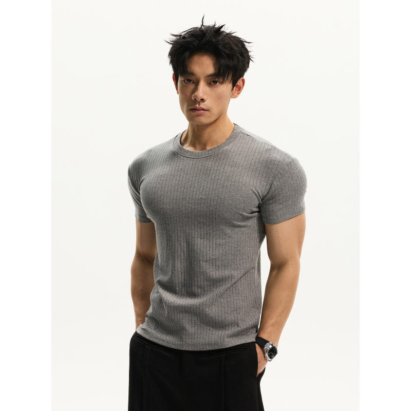 Day Ny Textured Ribbed Short-Sleeve Men's American Casual Slim-Fit Fitness T-Shirt with Cuffed Sleeves and Regular Shoulders Day Ny Textured Ribbed Short-Sleeve Men's American Casual Slim-Fit Fitness T-Shirt with Cuffed Sleeves and Regular Shoulders