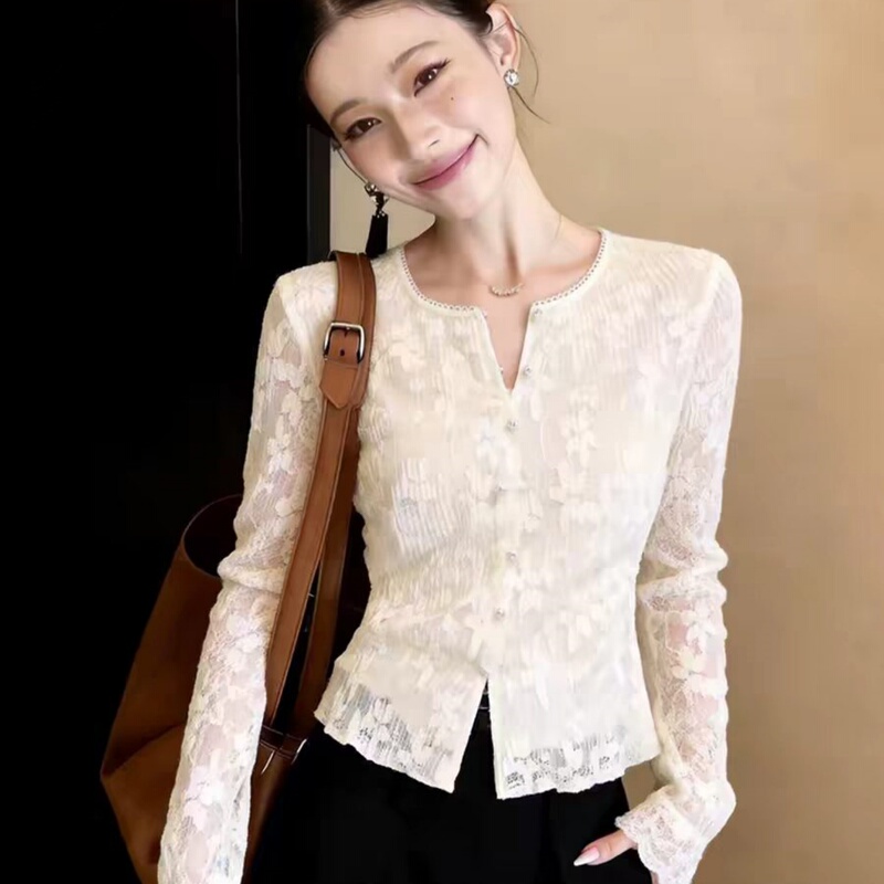 Authentic Women's Clothing from Gejia, 2026 Spring/Summer New Style, Round Neck, Hollow Lace, Jacquard, Split Lace Sleeves, Slim Fit, Thin Cardigan