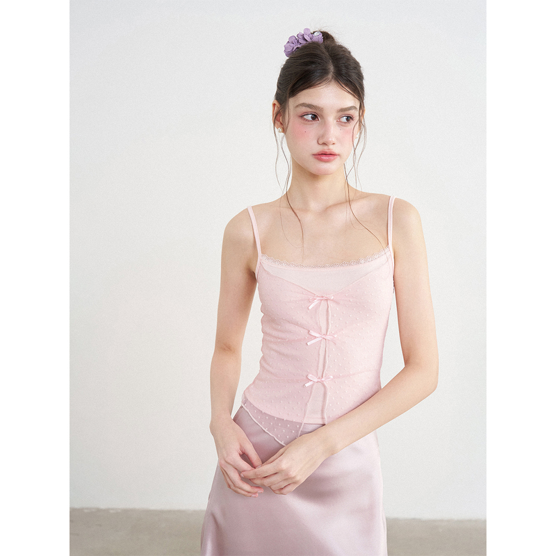 Sea Salt Sugar Yuju Original Pink Lace Camisole Polka Dot Mesh Hollow Bowknot Sleeveless Women's Top Sea Salt Sugar Yuju Original Pink Lace Camisole Polka Dot Mesh Hollow Bowknot Sleeveless Women's Top