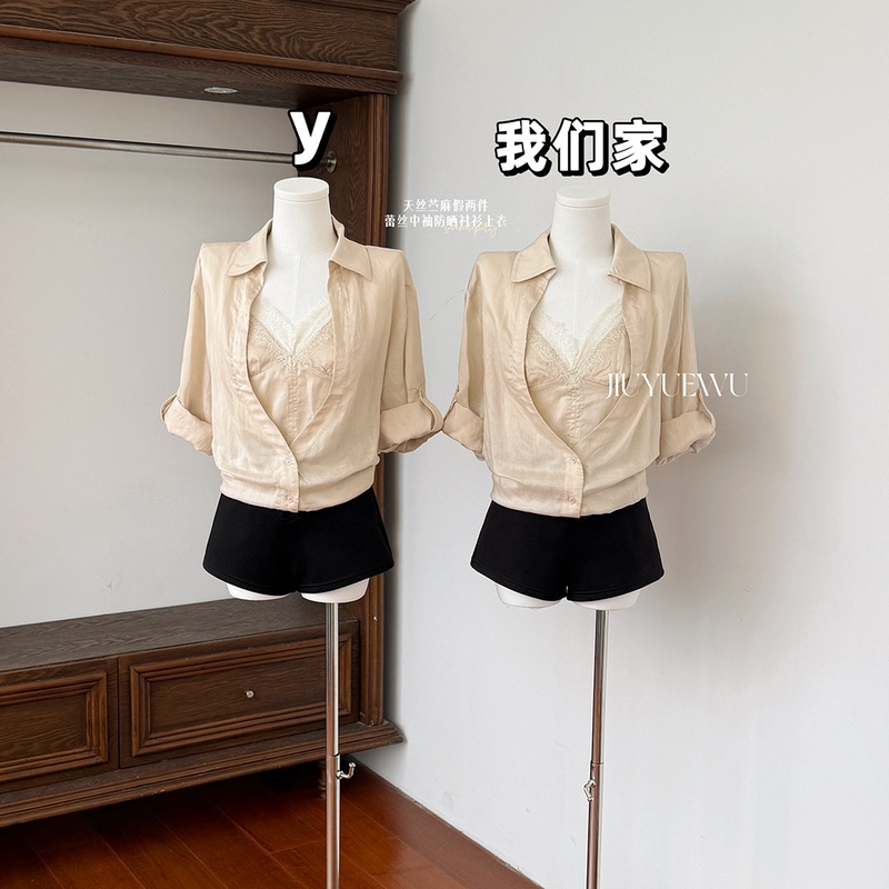Jiuyuewu Plus Size Romantic Tencel Ramie Fake Two-Piece Lace Mid-Sleeve Sun Protection Shirt Top for Women