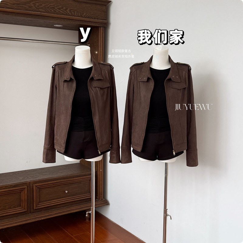 Jiuyuewu Slimming Barnfit Jacket New Color Stand Collar Short Retro Suede Jacket Short Coat