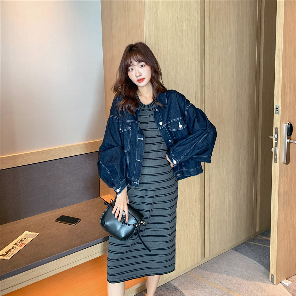 Pregnant Woman Autumn Clothing Suit Fashion Style South Korea Casual Denim Jacket Striped Knit Underdress Two-piece Hot Mother