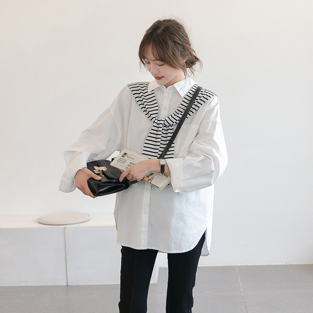 Send striped shawl ~ gestational woman dress Spring autumn outside wearing loose shirt with long and white professional shirt breast-feeding blouse-Taobao