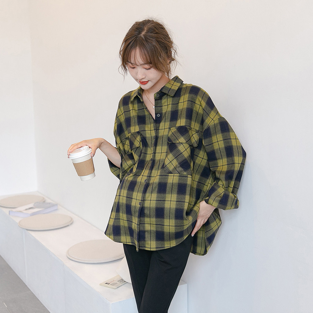 Moka Yellow Blue Bump Jersey ~ Pregnant Woman Internet Red Plaid Blouse Autumn New Foreign Pie Out Breastfeeding Boomer Shirt