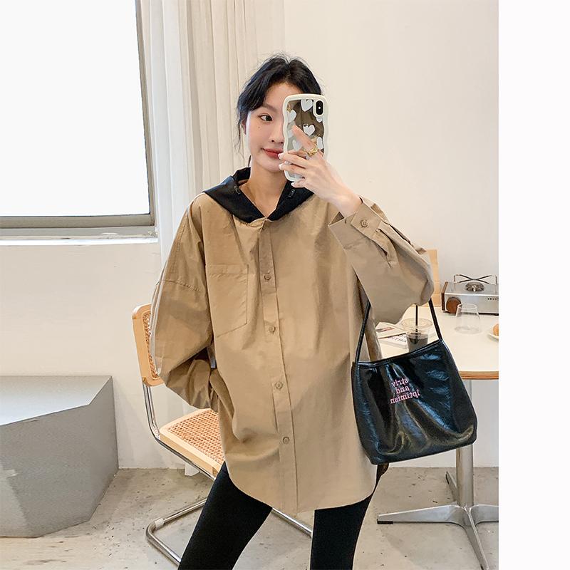 Maternity Autumn Style High-End and Stylish Hooded Patchwork Thin Shirt Jacket Long-Sleeved Loose Oversized Belly-Covering Shirt