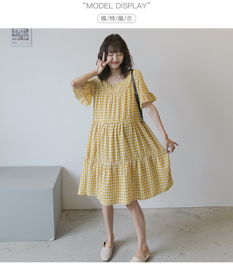 Váy bà bầu mùa hè thời trang phong cách giản dị Outing cho con bú cotton và vải lanh kẻ sọc ngắn tay váy dài mùa hè - Áo thai sản váy bầu thu đông