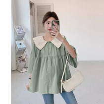 Heavy embroidery~maternity summer shirt tops bell-sleeved babydoll shirt with lace collar loose slimming A-line nursing clothes