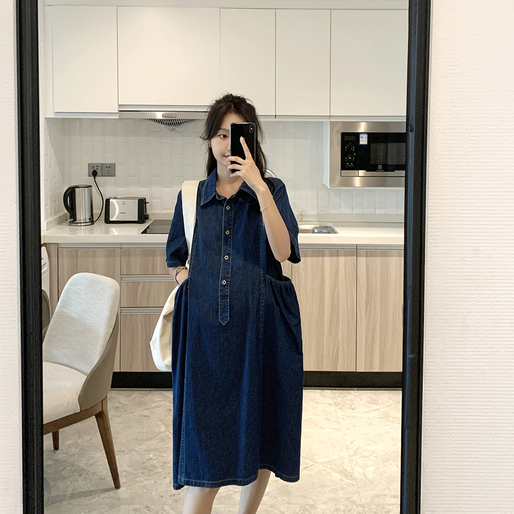 Nocoloi Gestational Woman In Summer New Port Taste High-end Denim Medium Long Version Casual Loose Boomer Ocean Dress Foreign Dress