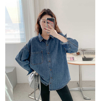 Pregnant womens popular Korean style retro high-end all-match denim shirts spring new long-sleeved tops and jackets