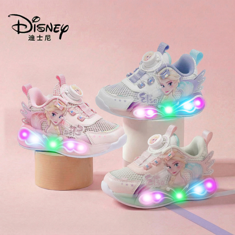 Disney Girls' Light-Up Shoes Elsa Princess Spring and Summer Hollow Mesh Shoes Breathable Light-Up Non-Slip Children's Sports Shoes