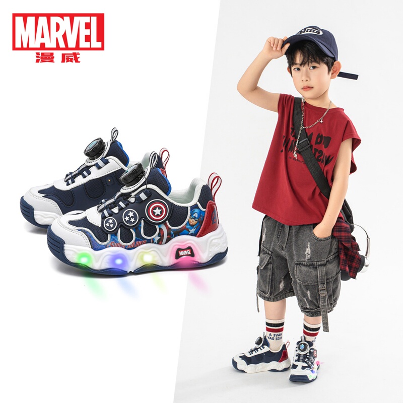 Marvel Captain America Boys' Shoes with Lights 2026 Spring and Autumn New Breathable Mesh Button Children's Sports Shoes
