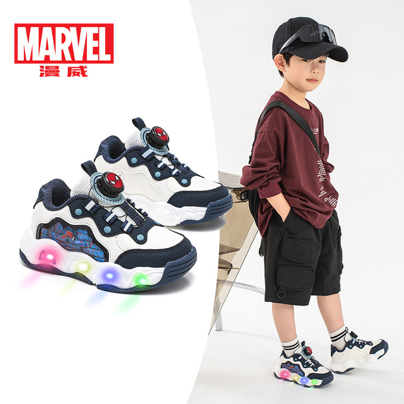 Marvel Children's Shoes Spider-Man Boys' Flashing Shoes 2026 Spring and Autumn New Leather Waterproof Button Children's Sports Shoes