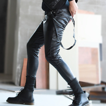 Mens leather pants spring and autumn thin section drawstring foot Harun 2021 new slim Korean version motorcycle motorcycle trend tight small pants