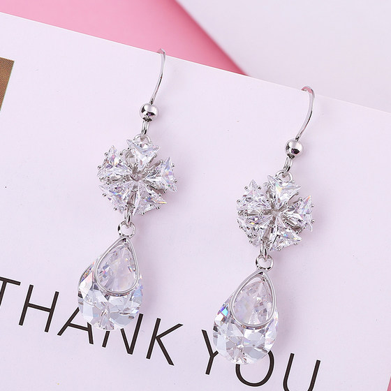 S925 silver flower earrings, feminine, Korean simple long earrings, crystal Japanese and Korean fashion slimming earrings