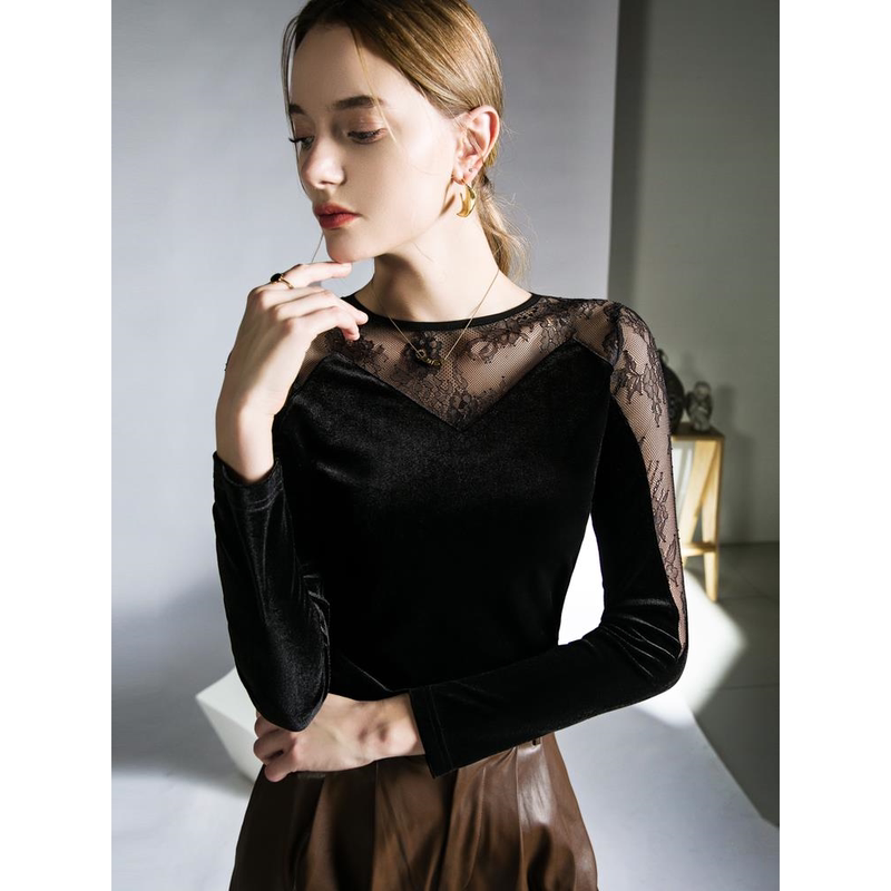 Ddk/Fashionable Design Lace Top with Velvet Patchwork, Sexy T-Shirt, New Autumn French Chic Blouse for Women Ddk/Fashionable Design Lace Top with Velvet Patchwork, Sexy T-Shirt, New Autumn French Chic Blouse for Women