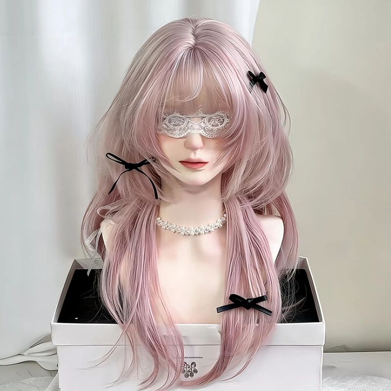 【Sweet Delight】Dreamy Layered Pink Jellyfish-Style Long Wig with Energetic Jk Sweet Bangs and Realistic Look