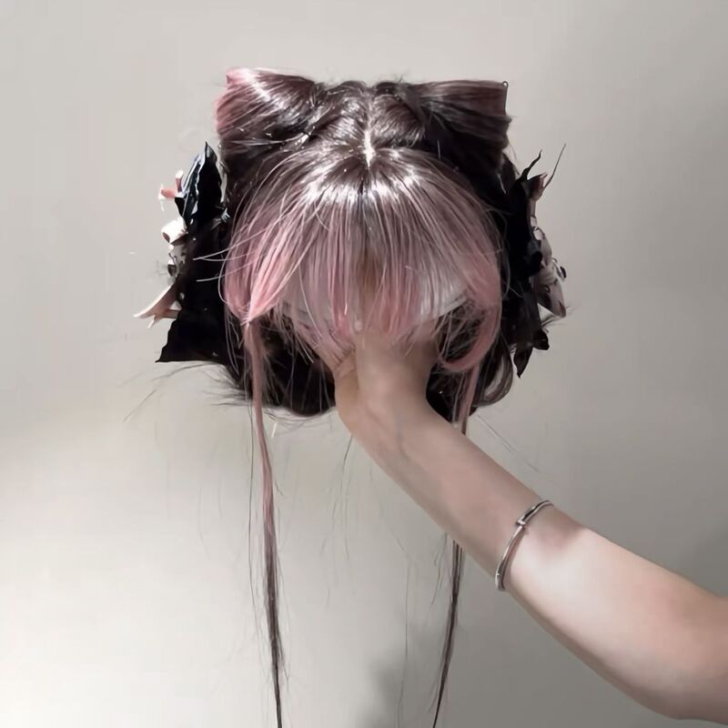 【Pink Siamese Cat】Wig for Women, Long Pink Gradient Black Layered Realistic Long Straight Hair Full Head Wig