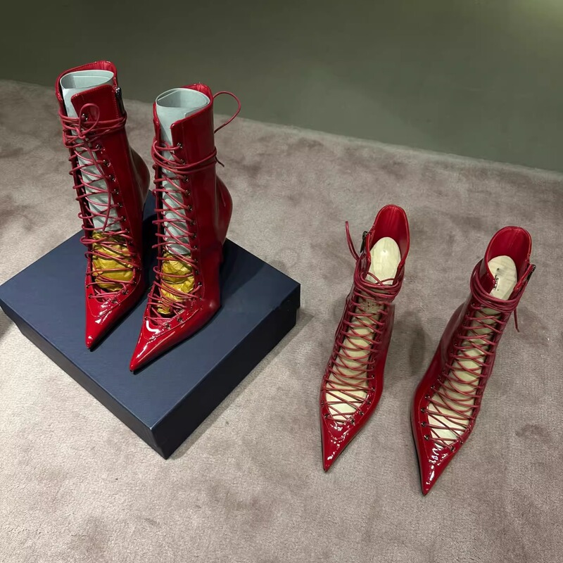 Red Patent Leather Pointed Toe Lace-Up Short Boots Stiletto High Heels Hot Girl Style Fashion Boots Hollow Cross-Strap Mid-Calf Boots