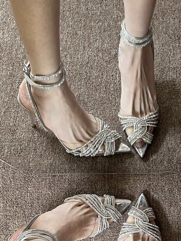 Transparent Cross-Strap Sparkling Rhinestone Pointed High Heels for Women 2024 New Style Closed-Toe Fairy Style Stiletto Roman Sandals for Women