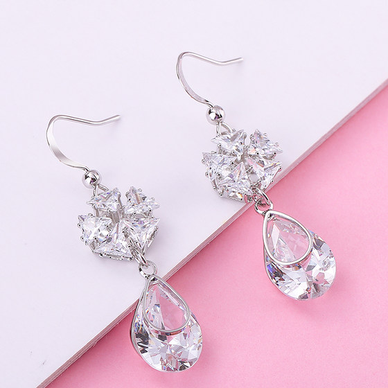 S925 silver water drop earrings, fashionable and elegant, medium-length earrings, simple and versatile, Japanese and Korean zircon internet celebrity female earrings