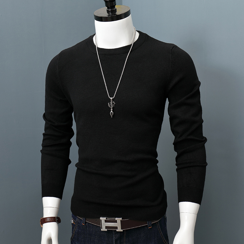 Autumn and Winter Round Neck Sweater for Men, Solid Color, Slim Fit, Casual Pullover, Youth Thickened Warm Base Knitwear