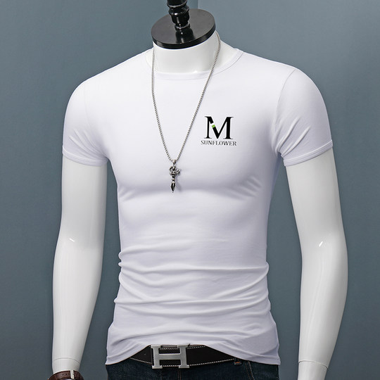 夏季纯棉t恤男式短袖修身休闲透气半袖圆领体恤个性上衣打底衫潮