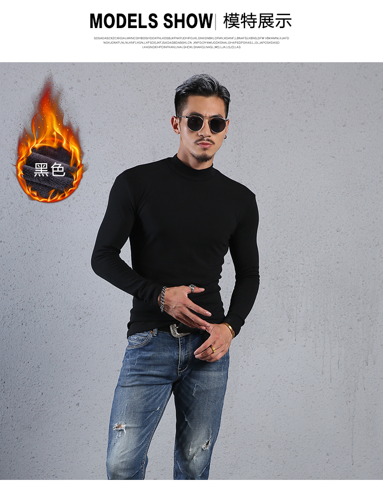 Áo thun nam cộng với áo thun nhung dày, dài tay, cổ cao bằng cotton, áo thun ôm sát, cổ áo bó sát cơ thể mùa thu đông áo thun thể thao nam