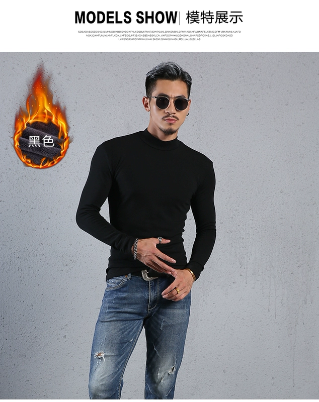 Áo thun nam cộng với áo thun nhung dày, dài tay, cổ cao bằng cotton, áo thun ôm sát, cổ áo bó sát cơ thể mùa thu đông