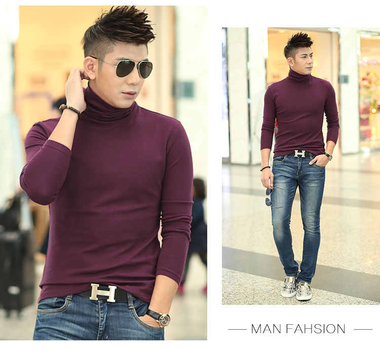 Của nam giới mùa thu phương thức cao cổ áo dài tay t-shirt nam slim body áo sơ mi cơ thể chặt chẽ áo Hàn Quốc phiên bản của quần áo máu