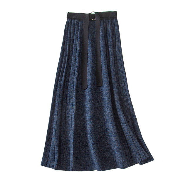 Gold buckle decorated pleated skirt, high waist, large swing umbrella skirt, autumn and winter new wool navy blue clip-on versatile skirt