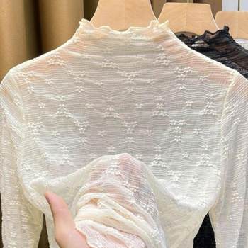 See-through half-high collar lace inner shirt for women autumn 2024 new style fungus edge thin mesh bottoming shirt long sleeves
