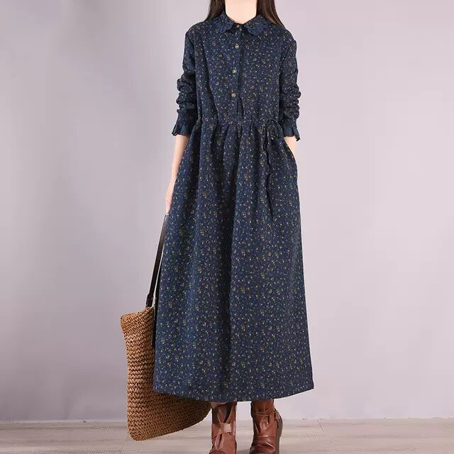 Age-Reducing Winter New Style Retro Loose Velvet Floral Skirt Casual Lace-Up Waist Slimming Long Bottoming Dress Age-Reducing Winter New Style Retro Loose Velvet Floral Skirt Casual Lace-Up Waist Slimming Long Bottoming Dress