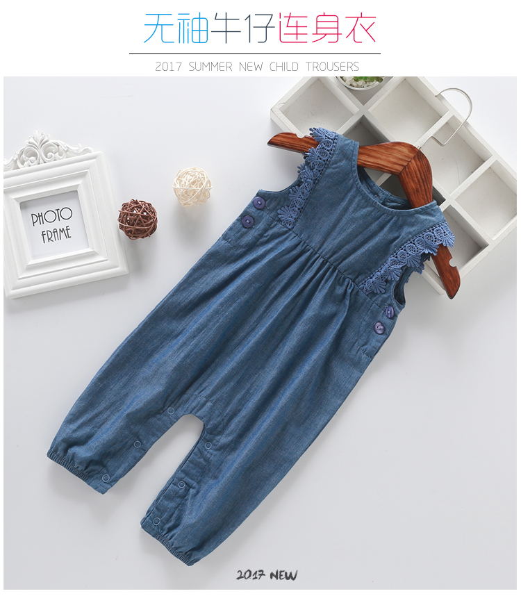 Trẻ sơ sinh bé bé jumpsuit mùa hè không tay denim jumpsuit 1-3 tuổi nữ bé jumpsuit áo choàng