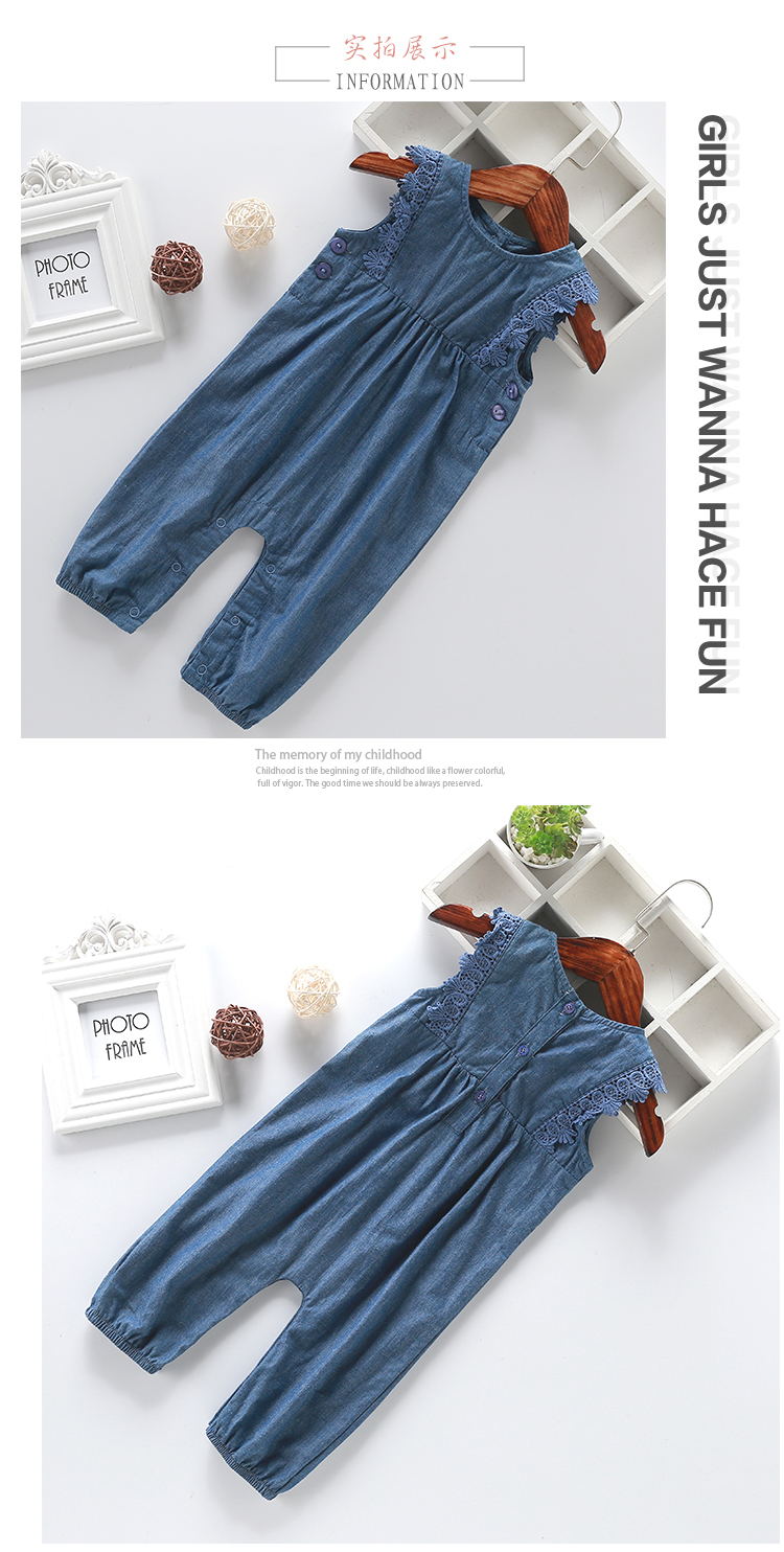 Trẻ sơ sinh bé bé jumpsuit mùa hè không tay denim jumpsuit 1-3 tuổi nữ bé jumpsuit áo choàng