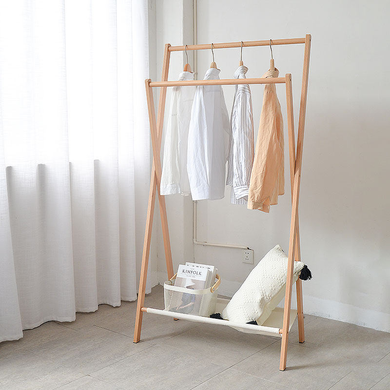 Small apartment Beech hanger Solid wood floor-to-ceiling bedroom Nordic double-pole folding coat rack Simple modern hanger