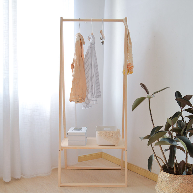 Ins wood hanger Japanese coat rack floor Nordic solid wood bedroom home small children hanging hanger storage
